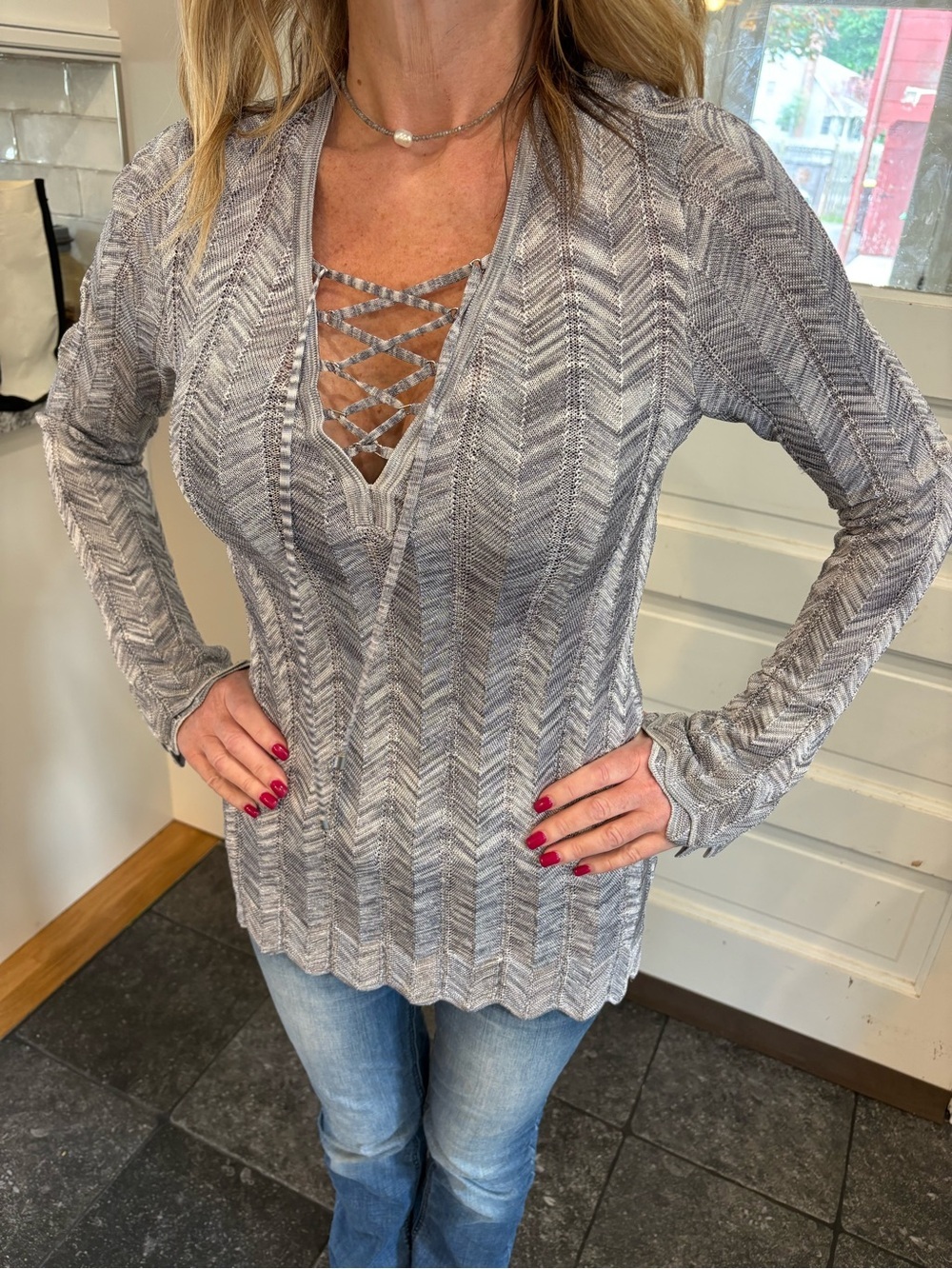 White House Black Market lace-up front silver tunic sweater